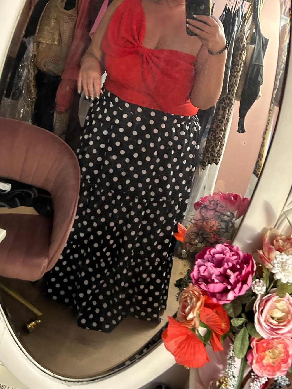 SHEIN Red Twist Crop Top with Black Polka Dot Maxi Skirt